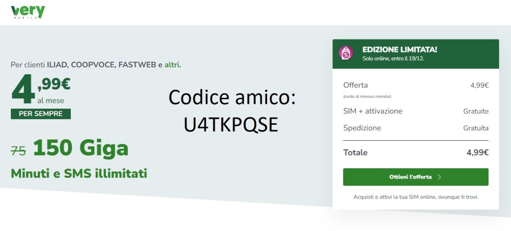 4,99 euro al mese per sempre, 150 Giga, Minuti e SMS illimitati, SIM + attivazione + spedizione GRATIS.