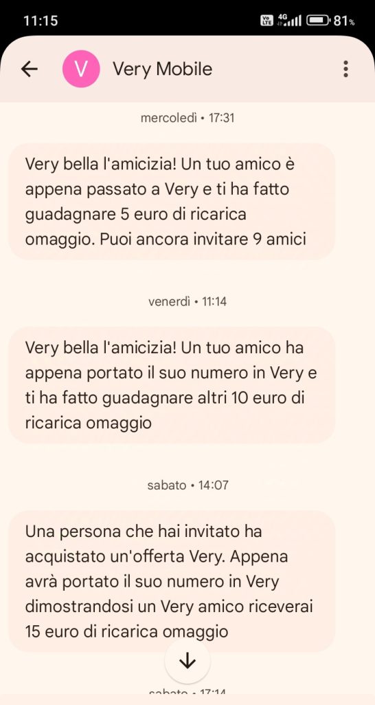 Very mobile, avvenuto accredito della ricarica omaggio per SMS.